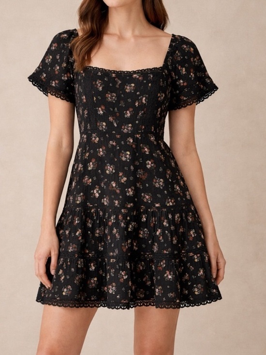 American Eagle Outfitters Dresses & Skirts - American Eagle Floral Babydoll Mini Dress Black Puff Sleeve Lace Trim Size S NWT